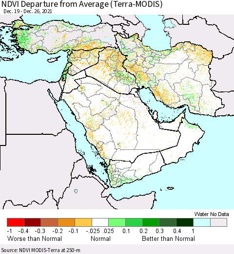 Middle East and Turkey NDVI Departure from Average (Terra-MODIS) Thematic Map For 12/19/2021 - 12/26/2021