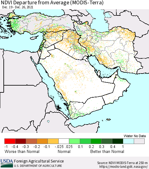 Middle East and Turkey NDVI Departure from Average (MODIS-Terra) Thematic Map For 12/21/2021 - 12/31/2021