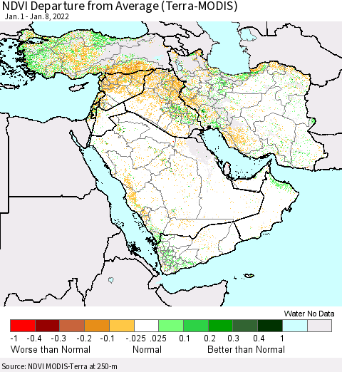 Middle East and Turkey NDVI Departure from Average (Terra-MODIS) Thematic Map For 1/1/2022 - 1/8/2022