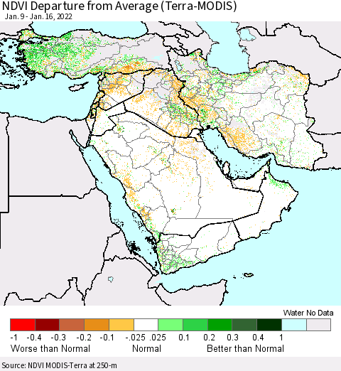 Middle East and Turkey NDVI Departure from Average (Terra-MODIS) Thematic Map For 1/9/2022 - 1/16/2022