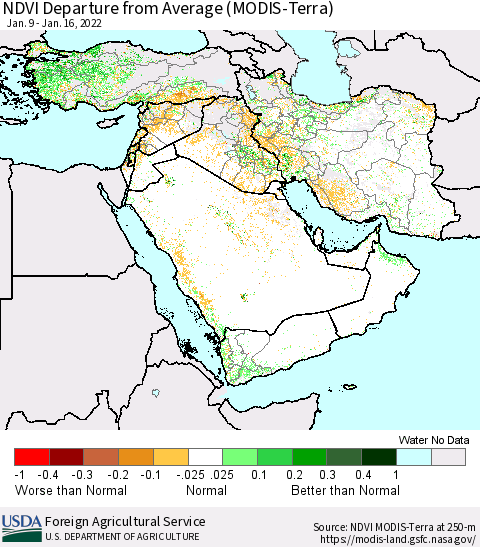 Middle East and Turkey NDVI Departure from Average (Terra-MODIS) Thematic Map For 1/11/2022 - 1/20/2022