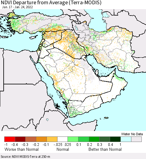 Middle East and Turkey NDVI Departure from Average (Terra-MODIS) Thematic Map For 1/17/2022 - 1/24/2022