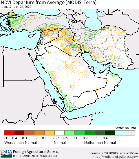 Middle East and Turkey NDVI Departure from Average (MODIS-Terra) Thematic Map For 1/21/2022 - 1/31/2022