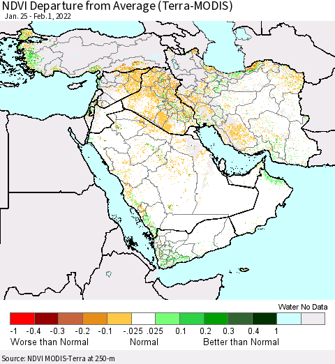 Middle East and Turkey NDVI Departure from Average (Terra-MODIS) Thematic Map For 1/25/2022 - 2/1/2022