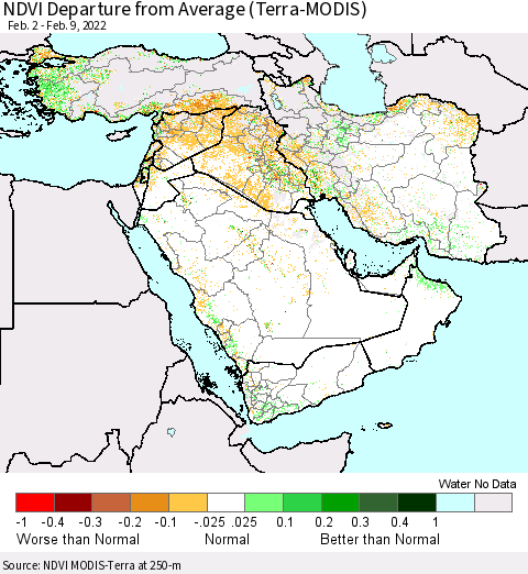 Middle East and Turkey NDVI Departure from Average (Terra-MODIS) Thematic Map For 2/2/2022 - 2/9/2022
