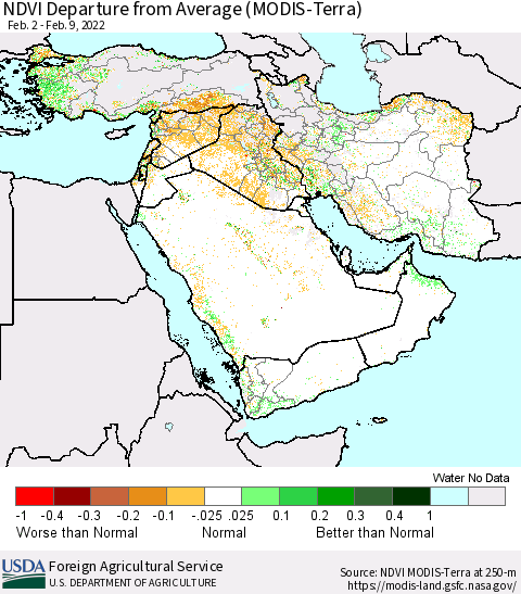 Middle East and Turkey NDVI Departure from Average (MODIS-Terra) Thematic Map For 2/1/2022 - 2/10/2022