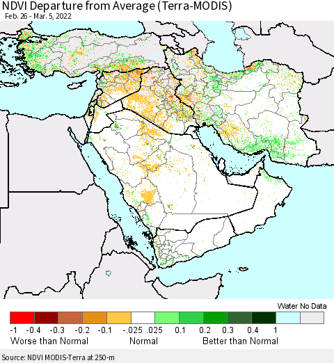 Middle East and Turkey NDVI Departure from Average (Terra-MODIS) Thematic Map For 2/26/2022 - 3/5/2022