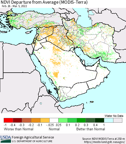 Middle East and Turkey NDVI Departure from Average (MODIS-Terra) Thematic Map For 3/1/2022 - 3/10/2022