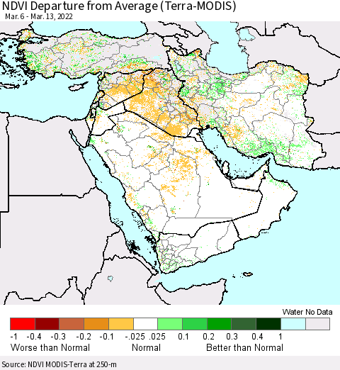 Middle East and Turkey NDVI Departure from Average (Terra-MODIS) Thematic Map For 3/6/2022 - 3/13/2022
