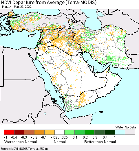 Middle East and Turkey NDVI Departure from Average (Terra-MODIS) Thematic Map For 3/14/2022 - 3/21/2022