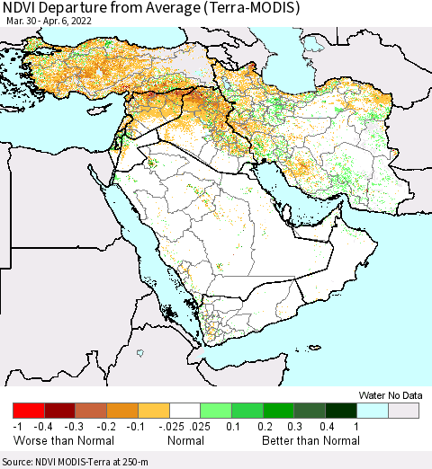 Middle East and Turkey NDVI Departure from Average (Terra-MODIS) Thematic Map For 3/30/2022 - 4/6/2022