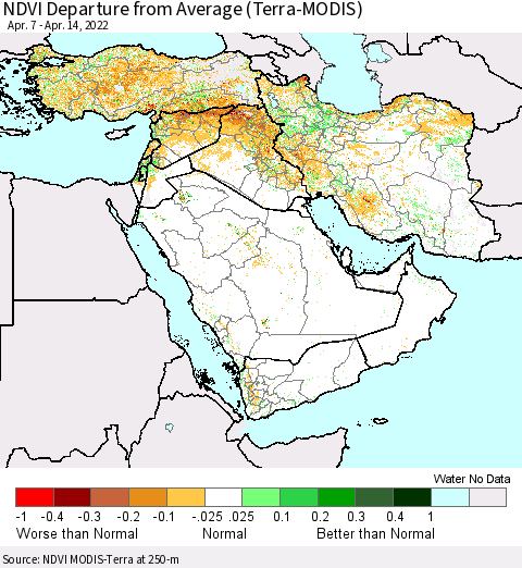 Middle East and Turkey NDVI Departure from Average (Terra-MODIS) Thematic Map For 4/7/2022 - 4/14/2022
