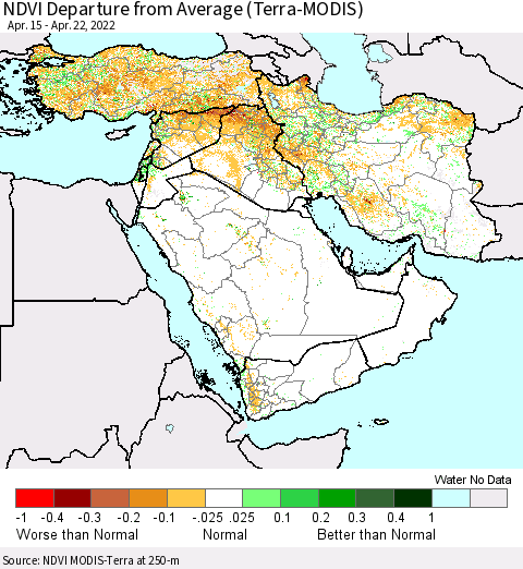 Middle East and Turkey NDVI Departure from Average (Terra-MODIS) Thematic Map For 4/15/2022 - 4/22/2022