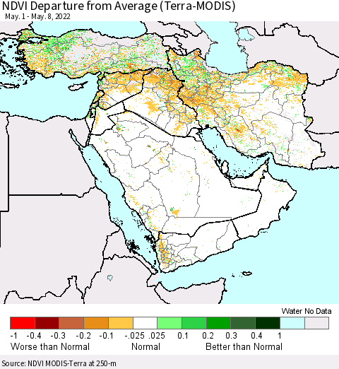 Middle East and Turkey NDVI Departure from Average (Terra-MODIS) Thematic Map For 5/1/2022 - 5/8/2022