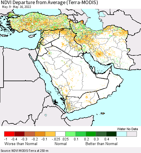 Middle East and Turkey NDVI Departure from Average (Terra-MODIS) Thematic Map For 5/9/2022 - 5/16/2022