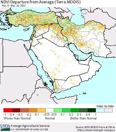 Middle East and Turkey NDVI Departure from Average (Terra-MODIS) Thematic Map For 5/11/2022 - 5/20/2022