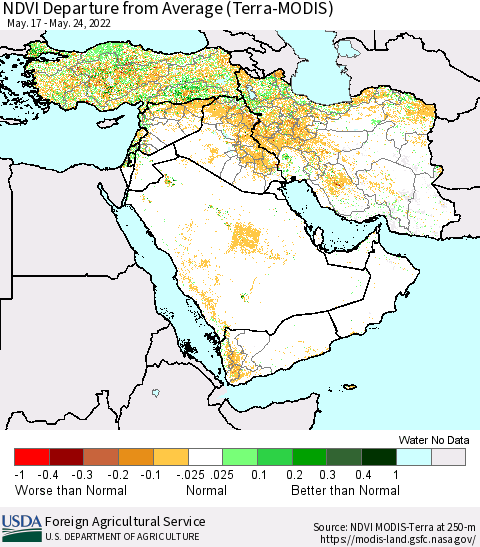 Middle East and Turkey NDVI Departure from Average (Terra-MODIS) Thematic Map For 5/21/2022 - 5/31/2022