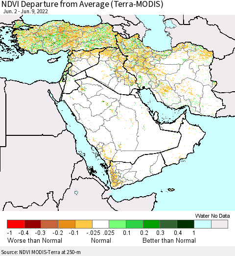 Middle East and Turkey NDVI Departure from Average (Terra-MODIS) Thematic Map For 6/2/2022 - 6/9/2022