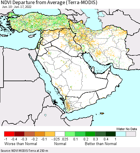 Middle East and Turkey NDVI Departure from Average (Terra-MODIS) Thematic Map For 6/10/2022 - 6/17/2022