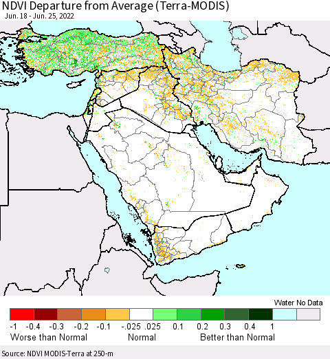 Middle East and Turkey NDVI Departure from Average (Terra-MODIS) Thematic Map For 6/18/2022 - 6/25/2022