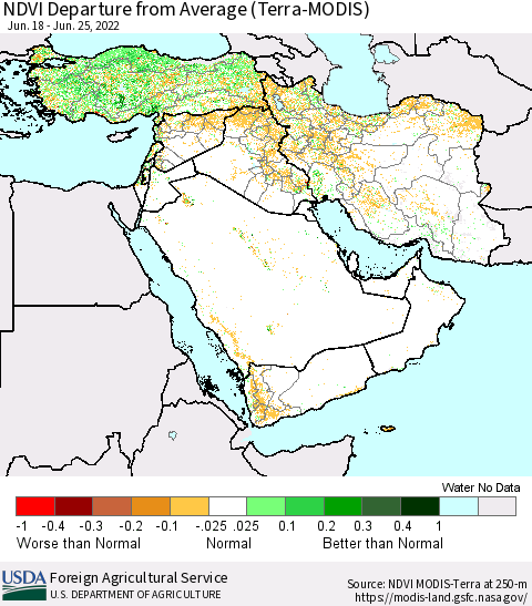 Middle East and Turkey NDVI Departure from Average (Terra-MODIS) Thematic Map For 6/21/2022 - 6/30/2022