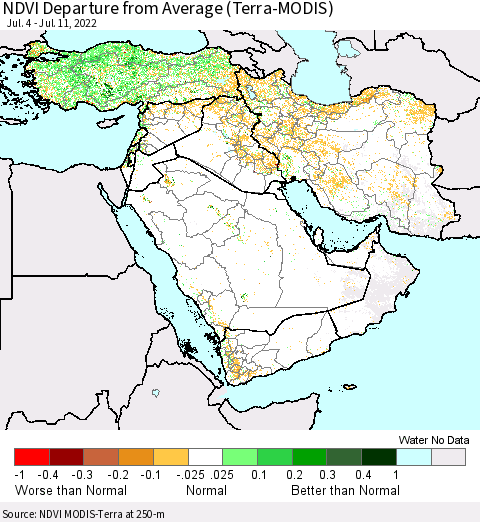 Middle East and Turkey NDVI Departure from Average (Terra-MODIS) Thematic Map For 7/4/2022 - 7/11/2022