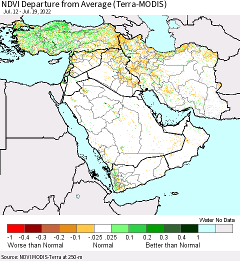 Middle East and Turkey NDVI Departure from Average (Terra-MODIS) Thematic Map For 7/12/2022 - 7/19/2022