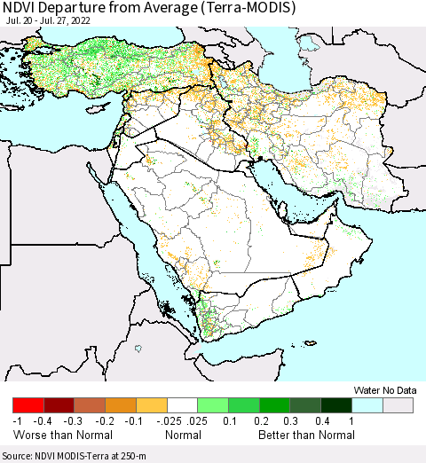 Middle East and Turkey NDVI Departure from Average (Terra-MODIS) Thematic Map For 7/20/2022 - 7/27/2022
