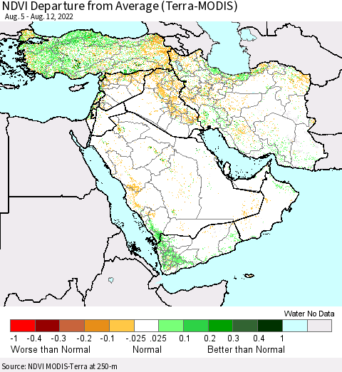 Middle East and Turkey NDVI Departure from Average (Terra-MODIS) Thematic Map For 8/5/2022 - 8/12/2022
