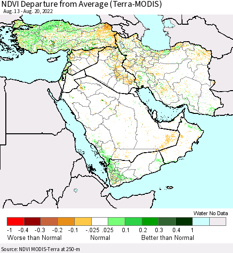 Middle East and Turkey NDVI Departure from Average (Terra-MODIS) Thematic Map For 8/13/2022 - 8/20/2022