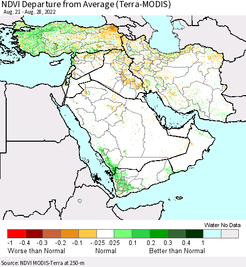 Middle East and Turkey NDVI Departure from Average (Terra-MODIS) Thematic Map For 8/21/2022 - 8/28/2022