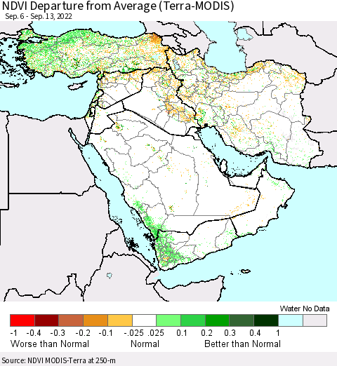 Middle East and Turkey NDVI Departure from Average (Terra-MODIS) Thematic Map For 9/6/2022 - 9/13/2022