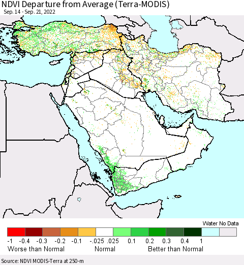 Middle East and Turkey NDVI Departure from Average (Terra-MODIS) Thematic Map For 9/14/2022 - 9/21/2022