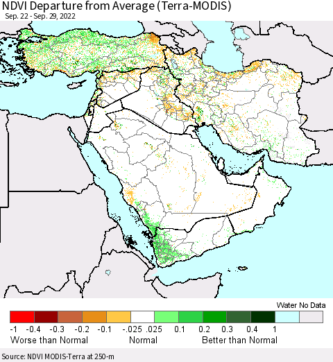 Middle East and Turkey NDVI Departure from Average (Terra-MODIS) Thematic Map For 9/22/2022 - 9/29/2022