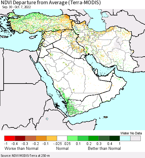 Middle East and Turkey NDVI Departure from Average (Terra-MODIS) Thematic Map For 9/30/2022 - 10/7/2022