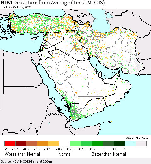 Middle East and Turkey NDVI Departure from Average (Terra-MODIS) Thematic Map For 10/8/2022 - 10/15/2022