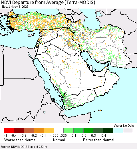 Middle East and Turkey NDVI Departure from Average (Terra-MODIS) Thematic Map For 11/1/2022 - 11/8/2022