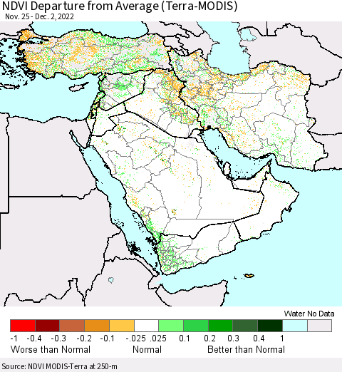 Middle East and Turkey NDVI Departure from Average (Terra-MODIS) Thematic Map For 11/25/2022 - 12/2/2022