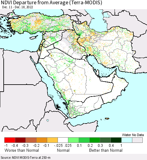 Middle East and Turkey NDVI Departure from Average (Terra-MODIS) Thematic Map For 12/11/2022 - 12/18/2022