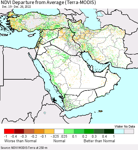 Middle East and Turkey NDVI Departure from Average (Terra-MODIS) Thematic Map For 12/19/2022 - 12/26/2022