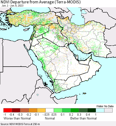 Middle East and Turkey NDVI Departure from Average (Terra-MODIS) Thematic Map For 1/1/2023 - 1/8/2023