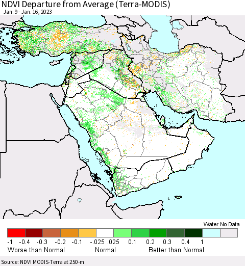 Middle East and Turkey NDVI Departure from Average (Terra-MODIS) Thematic Map For 1/9/2023 - 1/16/2023