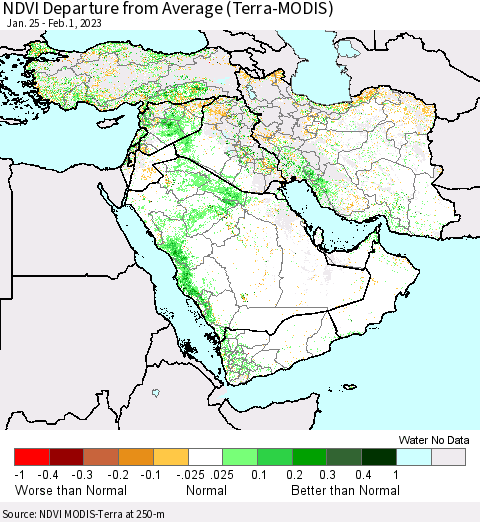 Middle East and Turkey NDVI Departure from Average (Terra-MODIS) Thematic Map For 1/25/2023 - 2/1/2023