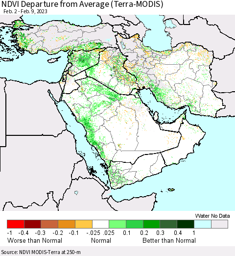 Middle East and Turkey NDVI Departure from Average (Terra-MODIS) Thematic Map For 2/2/2023 - 2/9/2023