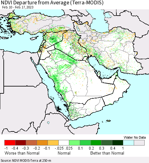 Middle East and Turkey NDVI Departure from Average (Terra-MODIS) Thematic Map For 2/10/2023 - 2/17/2023