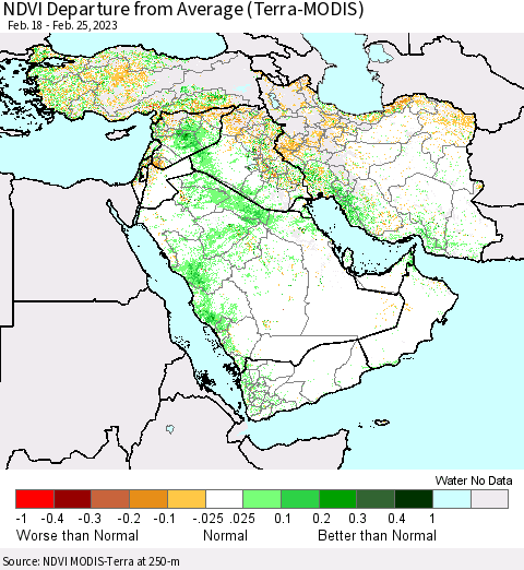 Middle East and Turkey NDVI Departure from Average (Terra-MODIS) Thematic Map For 2/18/2023 - 2/25/2023
