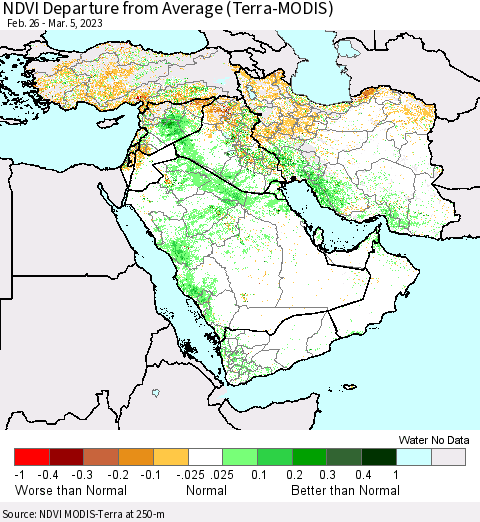Middle East and Turkey NDVI Departure from Average (Terra-MODIS) Thematic Map For 2/26/2023 - 3/5/2023