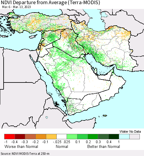 Middle East and Turkey NDVI Departure from Average (Terra-MODIS) Thematic Map For 3/6/2023 - 3/13/2023
