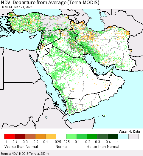 Middle East and Turkey NDVI Departure from Average (Terra-MODIS) Thematic Map For 3/14/2023 - 3/21/2023