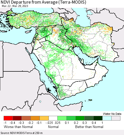 Middle East and Turkey NDVI Departure from Average (Terra-MODIS) Thematic Map For 3/22/2023 - 3/29/2023